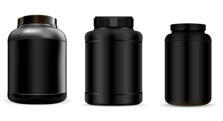 Protein Jar. Supplement Bottle Mockup. Plastic Nutrition Container for Energy Fitness Powder Isolated on White. Black Package for Whey Protein or Casein. Sport Product Canister Template Muscle Workout