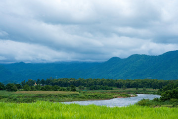 Fototapeta na wymiar Beautiful Moei River interspersed with trees and mountains, View from Thailand.