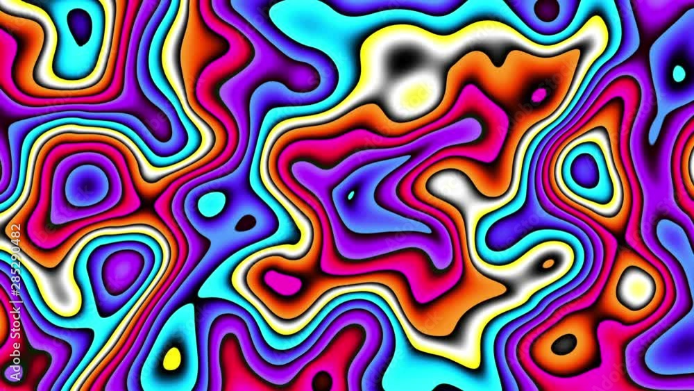 Poster Moving random wavy texture. Psychedelic animated abstract curved shapes. Looping footage.