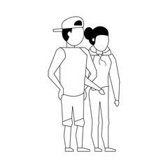 couple love young relationship cartoon in black and white