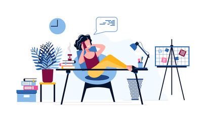 Happy and lazy female office worker put her legs on the desk and speaks on the phone, instead of performing work tasks. Workplace procrastination. Vector illustration. Office work concept. 