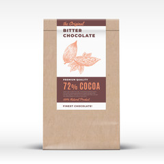 The Original Bitter Chocolate. Craft Paper Bag Product Label. Abstract Vector Packaging Design Layout with Realistic Shadows. Modern Typography and Hand Drawn Cocoa Beans Silhouette.