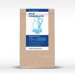 The Original Milk Chocolate. Craft Paper Bag Product Label. Abstract Vector Packaging Design Layout with Realistic Shadows. Modern Typography and Hand Drawn Cocoa Beans and Pot Silhouette.