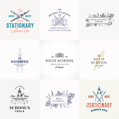 Autumn Sale Abstract Vector Sign, Symbol or Logo Templates Set. Retro School Building and Stationary Sketches with Classy Retro Typography. Vintage Luxury Education Emblems Collection.