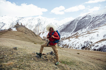 Fototapeta premium Hiker with traditional papakha fur hat at Mtskheta-Mtianeti region in Georgia