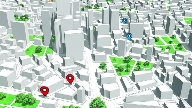 Geotargeting and GPS. Pin Navigation Icons Appear on the City Map. Geo-targeting, Map GPS Localization. Seamless Loop.