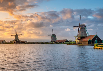 Fototapeta na wymiar Old windmills, Zaanse Schans, Zaanstad, Netherlands