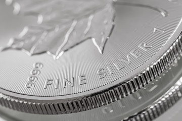 Macro Close up of a Silver Canadian Maple Leaf Bullion Coin