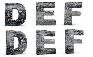 Font brick, alphabet build, letters D, E, F, 3d render, path save