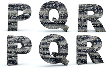 Font brick, alphabet build, letters P, Q, R, 3d render, path save