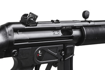 Modern black submachine gun isolate on white background. Automatic weapon with a silencer. Weapons...