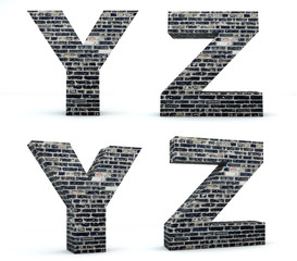 Font brick, alphabet build, letters Y, Z, 3d render, path save