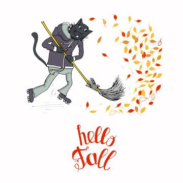 Cat on roller skate sweeps red and yellow autumn leaves. Hello fall lettering postcard on white background hand drawn art design element stock vector illustration for web, for print