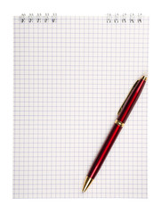 Spiral notepad with squared paper and pen isolated on white 