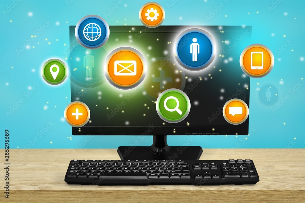 Poster desktop computer and keyboard on background