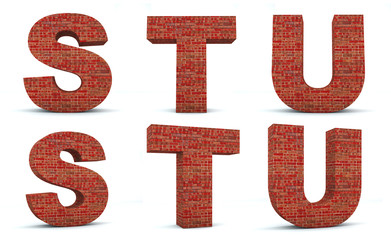 Font brick, alphabet build, letters S, T, U, 3d render, path save