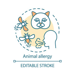Animal allergy concept icon. Allergic reaction to insect stings, cats fur, saliva and dander. Pet allergens sensitivity idea thin line illustration. Vector isolated outline drawing. Editable stroke