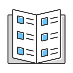 Business catalog, reference book color icon. Catalogue, restaurant menu isolated vector illustration. Opened school textbook, contact journal. Items list with descriptions. Information booklet