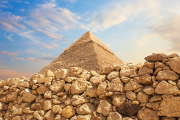 The Pyramid of Khafre in the stones of the Giza desert, Egypt