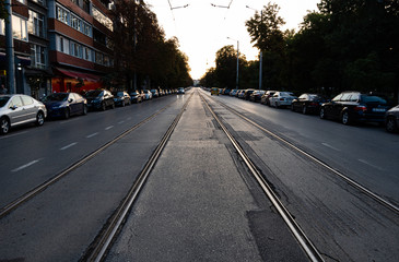 Tracks in road in Sophia Bulgaria 