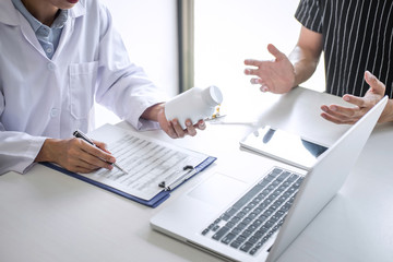 Doctor presenting report of diagnosis, symptom of disease and recommend something a method with patient treatment, after results about the problem illness of patient