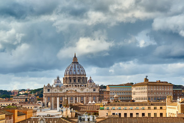 St. Peter's cathedral in Vatican view from Castle of the Holy Angel (Castel Sant'Angelo) in Rome,...