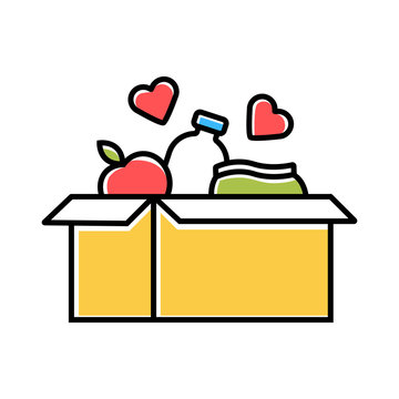 Food donations color icon. Charity food collection. Box with meal, hearts. Humanitarian assistance. Volunteer activity. Helping people in need. Hunger support program. Isolated vector illustration