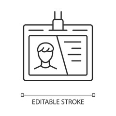 Identification document, id tag linear icon. Access pass thin line illustration. Plastic card with photo contour symbol. Businessman personal badge vector isolated outline drawing. Editable stroke