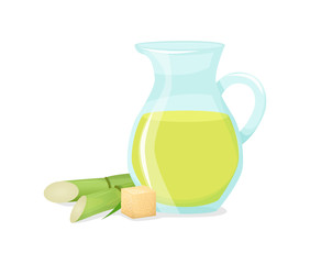 Sugarcane juice. Fresh squeezed sugar cane in a jug with stalks and sugar cubes. Natural organic product food and drink farm vector cartoon illustration