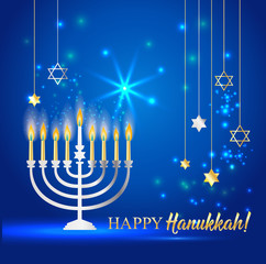 Happy Hanukkah Shining Background with Menorah, David Star and Bokeh Effect. Vector illustration on blue.