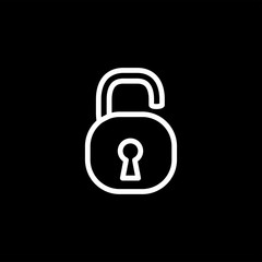 Open Lock Line Icon On Black Background. Black Flat Style Vector Illustration