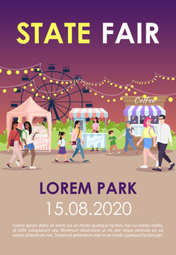 State fair brochure template. Funfair, night street market flyer, booklet, leaflet concept with flat illustrations. Summer city event. Page layout for magazine. Advertising invitation with text space