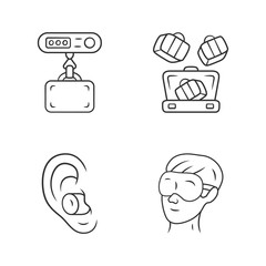 Travel accessories linear icons set. Digital weights, packing cubes. Noise cancelling earplugs, sleeping eyemask. Thin line contour symbols. Isolated vector outline illustrations. Editable stroke