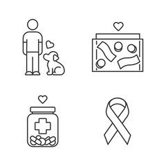 Volunteering linear icons set. Humanitarian activity. Animals welfare, donation box, medical aid, awareness ribbon. Thin line contour symbols. Isolated vector outline illustrations. Editable stroke