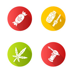 Weed products flat design long shadow glyph icons set. Cannabis industry. CBD oil and candy. Marijuana legalization. Hemp distribution, sale. Alternative medication. Vector silhouette illustration