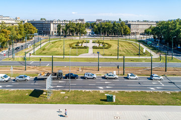Kraków, Poland.  Aerial panorama of Ronald Reagan Central Square in Nowa Huta. One of two entirely planned and build socialist realist towns in the world. Originally the town, now a district of Cracow