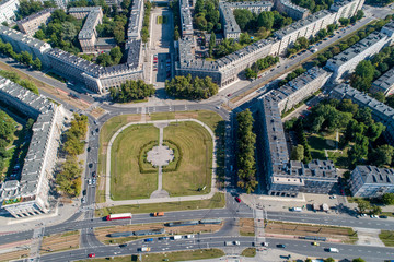 Kraków, Poland.  Aerial panorama of Nowa Huta, Reagan Central Square. One of two entirely planned and build socialist realist settlements in the world. Originally the town, now a district of Cracow