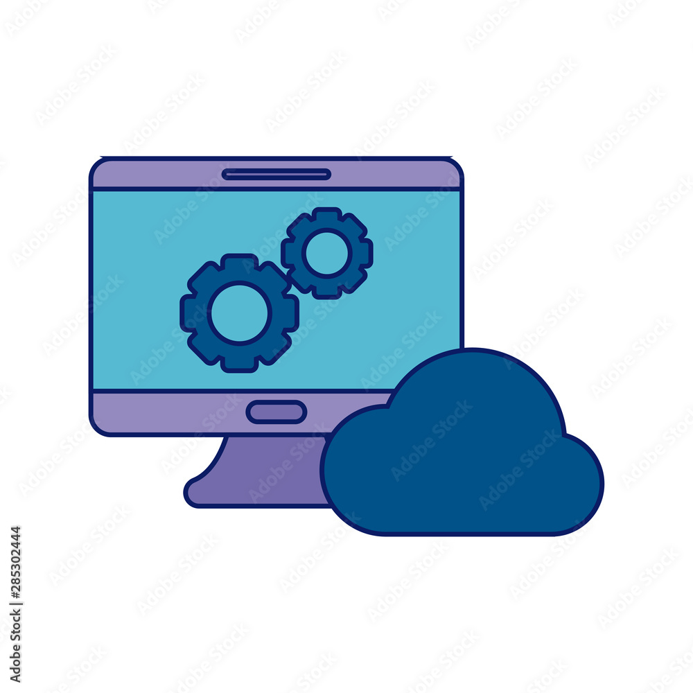 Poster desktop computer with gears and cloud computing