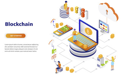 Blockchain modern flat design isometric concept. Cryptocurrency and people concept. Landing page template. Conceptual isometric vector illustration for web and graphic design.