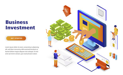 Business investment modern flat design isometric concept. Money and people concept. Landing page template. Conceptual isometric vector illustration for web and graphic design.