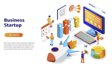 Business startup modern flat design isometric concept. Launch work and people concept. Landing page template. Conceptual isometric vector illustration for web and graphic design.