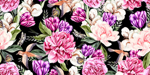Panele Szklane  Akwarela bezszwowe wiosna wzór z piwonią, tulipanem, bawełną i ptakami.
