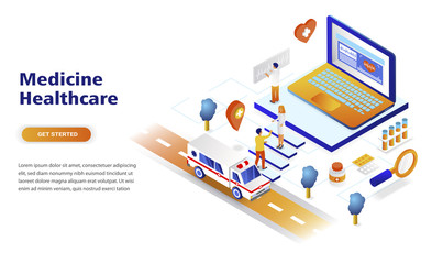 Medicine and healthcare modern flat design isometric concept. Pharmacy and people concept. Landing page template. Conceptual isometric vector illustration for web and graphic design.