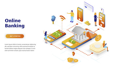Online banking modern flat design isometric concept. Electronic bank and people concept. Landing page template. Conceptual isometric vector illustration for web and graphic design.