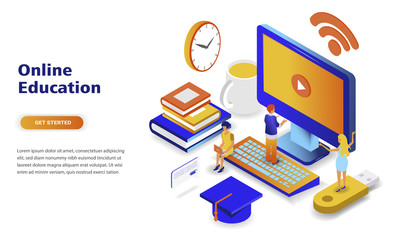 Online education modern flat design isometric concept. Learning and people concept. Landing page template. Conceptual isometric vector illustration for web and graphic design.