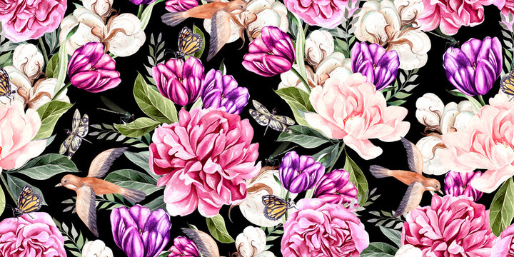Watercolor seamless spring pattern with peony, tulip, cotton and birds. 