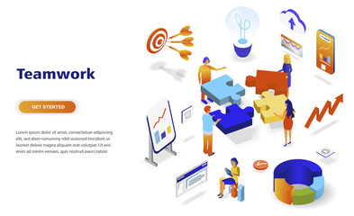 Teamwork modern flat design isometric concept. Leadership and people concept. Landing page template. Conceptual isometric vector illustration for web and graphic design.