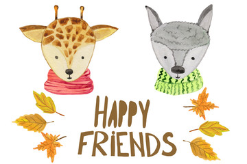 Cute portraits of a giraffe and a llama in scarves on a white background with the inscription friends and autumn leaves. watercolor illustration for posters, prints and banners.