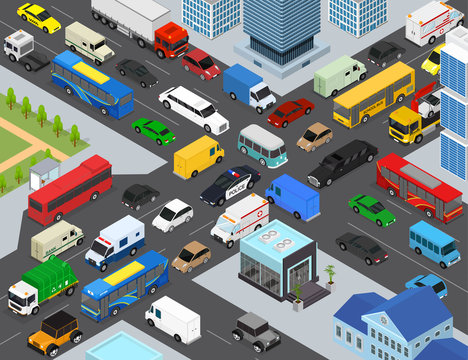 Traffic Jams on a City Landscape Background Scene Concept 3d Isometric View. Vector