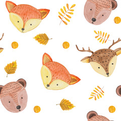 Seamless pattern with cute forest animals, leaves and blots on a white background. watercolor illustration for prints, textiles, banners and scrapbooking